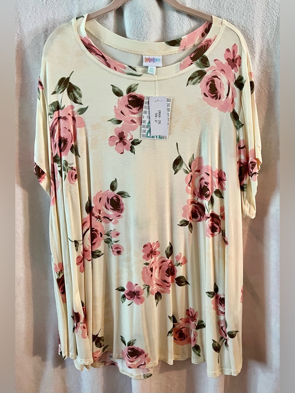 LuLaRoe Cream Scoop Neck Top with Pink Rose Print